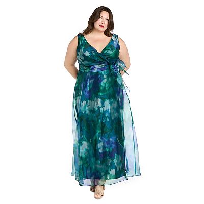R M Richards Plus Size Floral V-Neck Sleeveless Organza A-Line Mother of the Bride Dress , Womens, 20W, Peacock/Teal