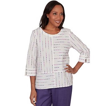 Petite Alfred Dunner Grand Bazaar White Textured Rainbow Stripe Top