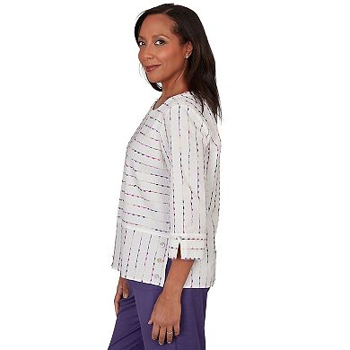 Petite Alfred Dunner Grand Bazaar White Textured Rainbow Stripe Top