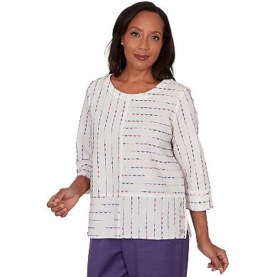 Petite Alfred Dunner Grand Bazaar White Textured Rainbow Stripe Top