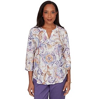 Petite Alfred Dunner Grand Bazaar Jacobean Floral Split Neck Top