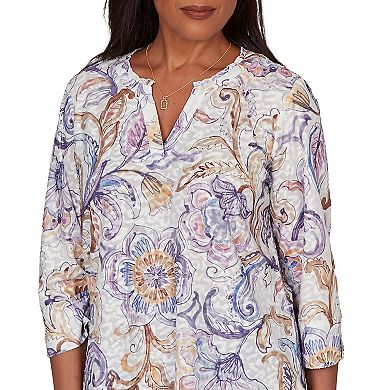 Petite Alfred Dunner Grand Bazaar Jacobean Floral Split Neck Top