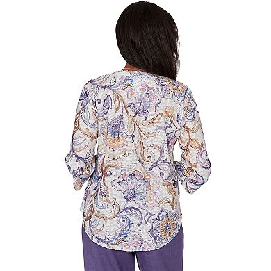 Petite Alfred Dunner Grand Bazaar Jacobean Floral Split Neck Top