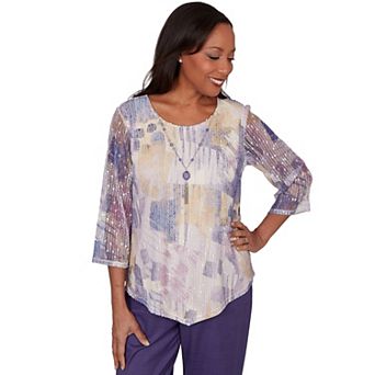 Petite Alfred Dunner Grand Bazaar Stained Glass Mesh Top with Necklace