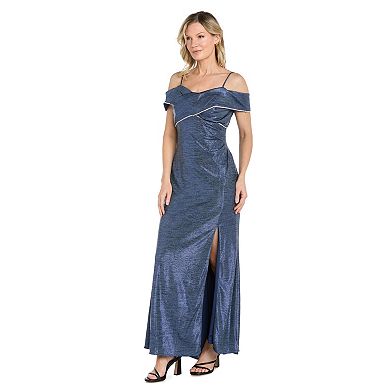 Women's R&M Richards Shimmering Crinkle Foil Cold-Shoulder Gown