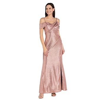 Women's R&M Richards Shimmering Crinkle Foil Cold-Shoulder Gown