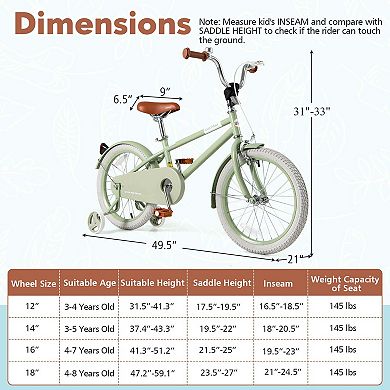 Costway Kids Bike with Adjustable Saddle Handlebar Removable Training Wheels Handbrake