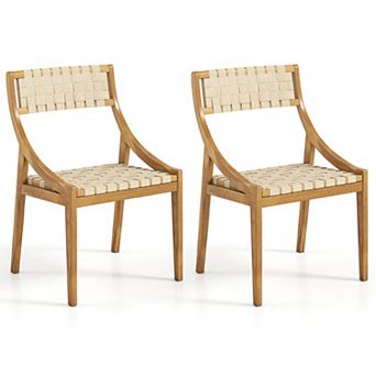 Costway Outdoor Dining Chair Teak Wood Armless Patio Chair with Webbing Seat & Backrest