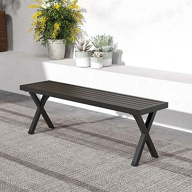Costway 54" Patio Metal Bench with Slatted Seat & X Legs Backless Loveseat for Yard