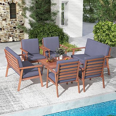 Costway 8 PCS Patio Conversation Set Acacia Wood Sofa Coffee Table with Cushioned Seat