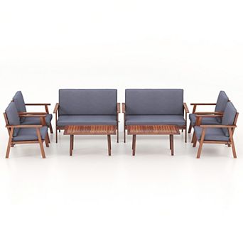 Costway 8 pc Patio Conversation Set Acacia Wood Sofa Coffee Table with Cushioned Seat
