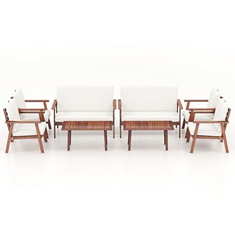 Costway 8 pc Patio Conversation Set Acacia Wood Sofa Coffee Table with Cushioned Seat