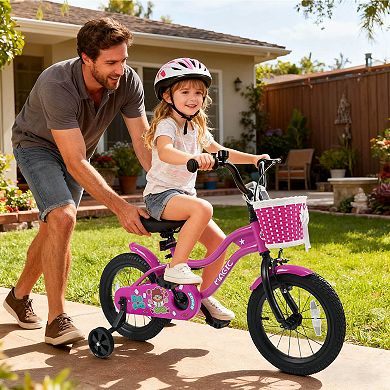 Costway Kids Bike with Training Wheels, Basket, Hand & Coaster Brakes, Adjustable Seat