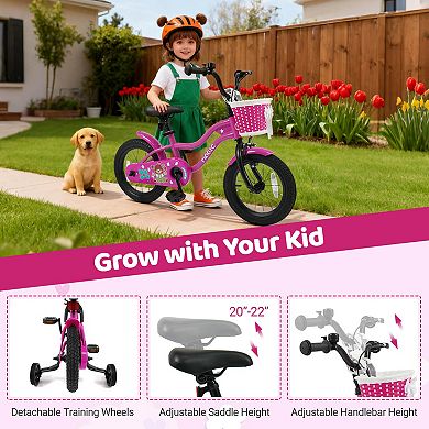 Costway Kids Bike with Training Wheels, Basket, Hand & Coaster Brakes, Adjustable Seat