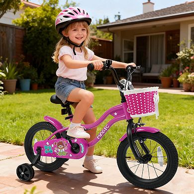Costway Kids Bike with Training Wheels, Basket, Hand & Coaster Brakes, Adjustable Seat