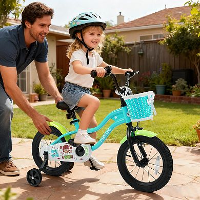 Costway Kids Bike with Training Wheels, Basket, Hand & Coaster Brakes, Adjustable Seat