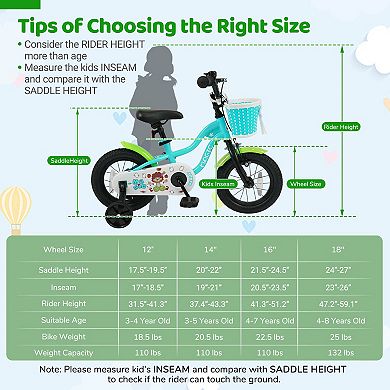 Costway Kids Bike with Training Wheels, Basket, Hand & Coaster Brakes, Adjustable Seat