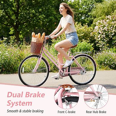 Costway Beach Cruiser Bike,with Adjustable Seat, Woven Basket & Rear Rack