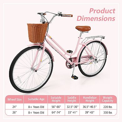 Costway Beach Cruiser Bike,with Adjustable Seat, Woven Basket & Rear Rack