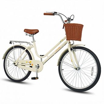 Costway Beach Cruiser Bike,with Adjustable Seat, Woven Basket & Rear Rack