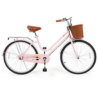 Costway Beach Cruiser Bike,with Adjustable Seat, Woven Basket & Rear Rack