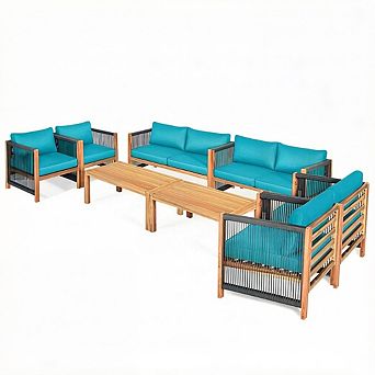 Costway 8 pc Wood Outdoor Patio Furniture Set with Cushions White Red Cushion Cover Sets
