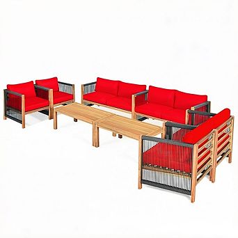 Costway 8 pc Wood Outdoor Patio Furniture Set with Cushions White Red Cushion Cover Sets