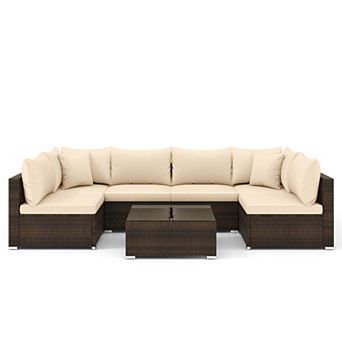 Costway 7 pc Patio Rattan Furniture Set Sectional Sofa Cushioned Garden
