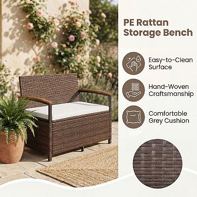 Costway Outdoor Storage Bench with Cushion Backrest & Acacia Wood Armrests Hidden Storage