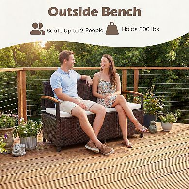 Costway Outdoor Storage Bench with Cushion Backrest & Acacia Wood Armrests Hidden Storage