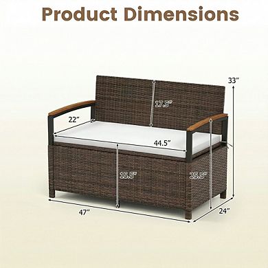 Costway Outdoor Storage Bench with Cushion Backrest & Acacia Wood Armrests Hidden Storage
