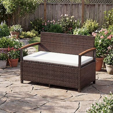 Costway Outdoor Storage Bench with Cushion Backrest & Acacia Wood Armrests Hidden Storage