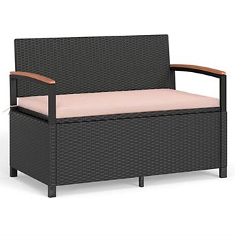 Costway Outdoor Storage Bench with Cushion Backrest & Acacia Wood Armrests Hidden Storage