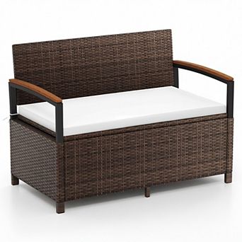 Costway Outdoor Storage Bench with Cushion Backrest & Acacia Wood Armrests Hidden Storage