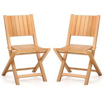 Costway Folding Patio Chairs with Inclined Backrest Teak Wood Outdoor Dining Chairs