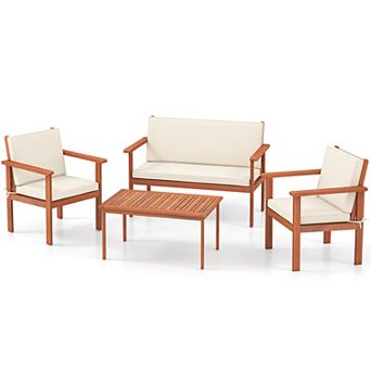 Costway Acacia Wood Conversation Set with Seat & Back Cushions Loveseat Armchairs