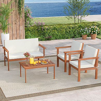 Costway Acacia Wood Conversation Set with Seat & Back Cushions Loveseat Armchairs