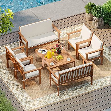 Costway Acacia Wood Conversation Set with Seat & Back Cushions Loveseat Armchairs