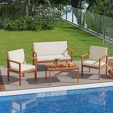 Costway Acacia Wood Conversation Set with Seat & Back Cushions Loveseat Armchairs