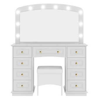 Merax Luxurious Makeup Vanity with 10 Hollywood Bulbs, Classic Dressing Table with Cushioned Stool