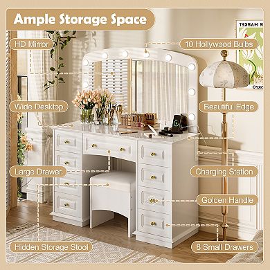 Merax Luxurious Makeup Vanity with 10 Hollywood Bulbs, Classic Dressing Table with Cushioned Stool