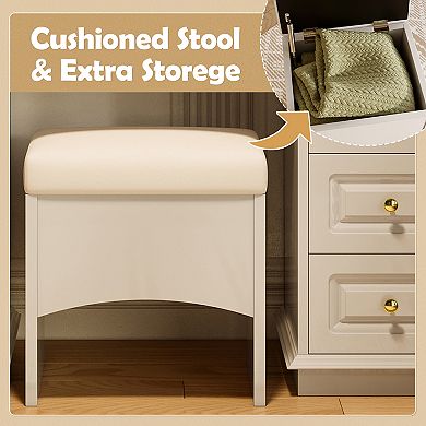 Merax Luxurious Makeup Vanity with 10 Hollywood Bulbs, Classic Dressing Table with Cushioned Stool