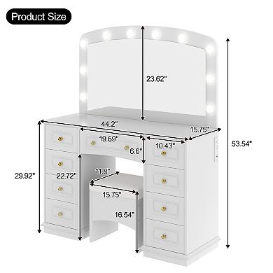 Merax Luxurious Makeup Vanity with 10 Hollywood Bulbs, Classic Dressing Table with Cushioned Stool