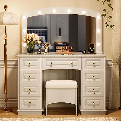 Merax Luxurious Makeup Vanity with 10 Hollywood Bulbs, Classic Dressing Table with Cushioned Stool