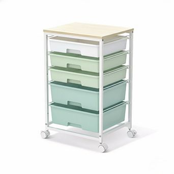 Rolling Cart with Drawers 5 Drawer and Wooden Tabletop