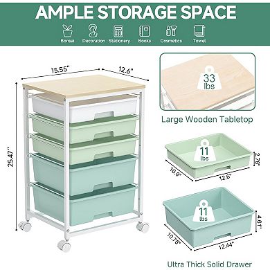 Rolling Cart with Drawers 5 Drawer and Wooden Tabletop