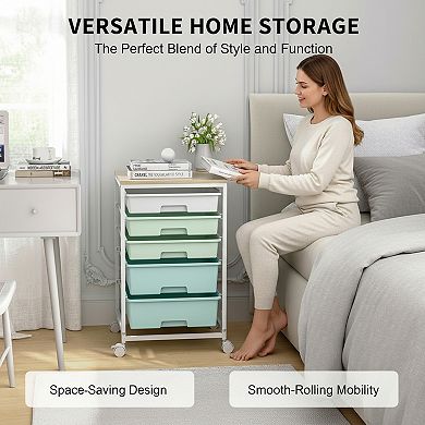 Rolling Cart with Drawers 5 Drawer and Wooden Tabletop