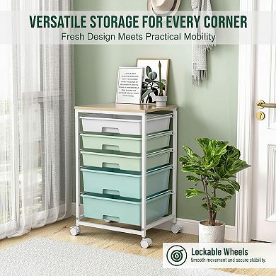 Rolling Cart with Drawers 5 Drawer and Wooden Tabletop