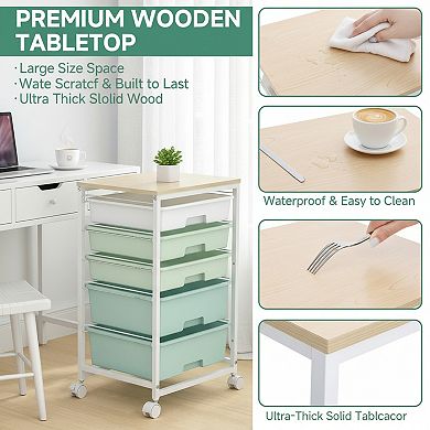 Rolling Cart with Drawers 5 Drawer and Wooden Tabletop