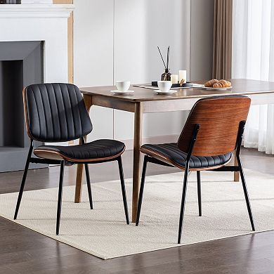 Merax Mid-Century Modern Dining Chair with Walnut Bentwood & Faux Leather, Ergonomic Curved Back